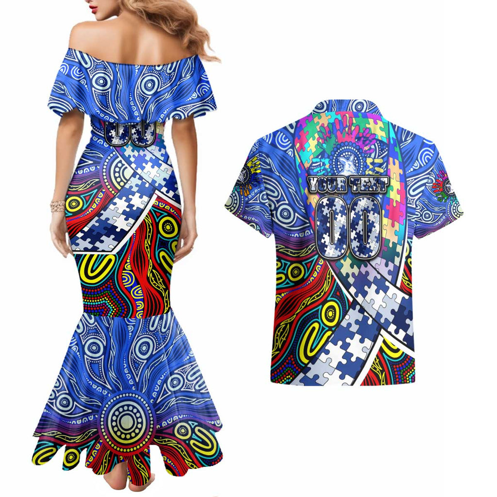 Autism Awareness Australia North Melbourne Kangaroos Couples Matching Mermaid Dress and Hawaiian Shirt Aboriginal Indigenous Art