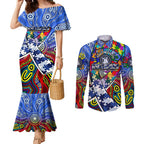 Autism Awareness Australia North Melbourne Kangaroos Couples Matching Mermaid Dress and Long Sleeve Button Shirt Aboriginal Indigenous Art
