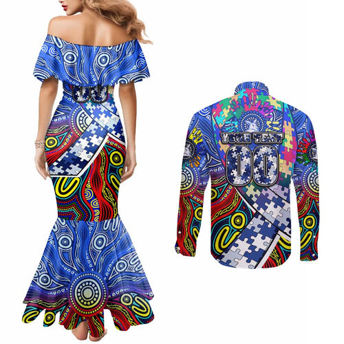 Autism Awareness Australia North Melbourne Kangaroos Couples Matching Mermaid Dress and Long Sleeve Button Shirt Aboriginal Indigenous Art