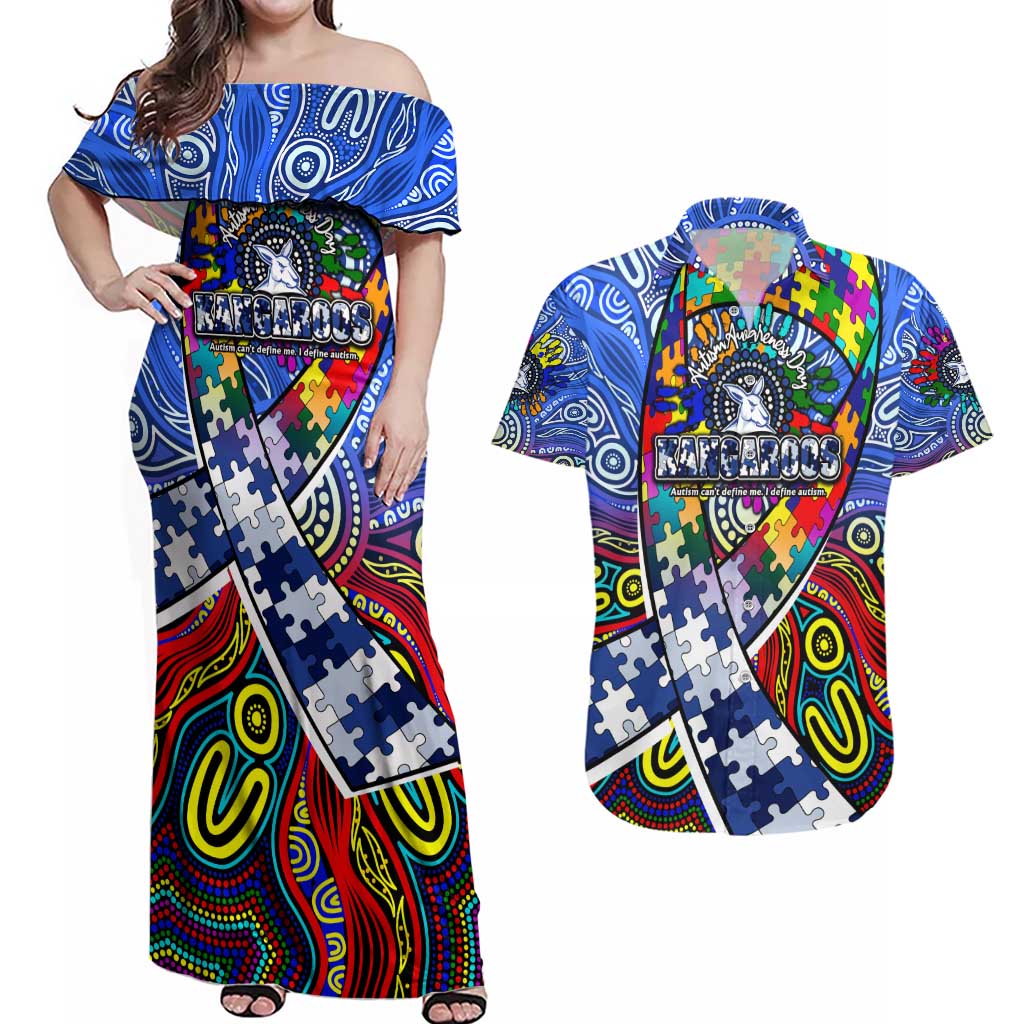 Autism Awareness Australia North Melbourne Kangaroos Couples Matching Off Shoulder Maxi Dress and Hawaiian Shirt Aboriginal Indigenous Art