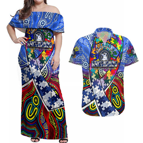 Autism Awareness Australia North Melbourne Kangaroos Couples Matching Off Shoulder Maxi Dress and Hawaiian Shirt Aboriginal Indigenous Art