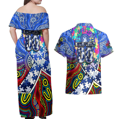 Autism Awareness Australia North Melbourne Kangaroos Couples Matching Off Shoulder Maxi Dress and Hawaiian Shirt Aboriginal Indigenous Art