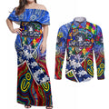 Autism Awareness Australia North Melbourne Kangaroos Couples Matching Off Shoulder Maxi Dress and Long Sleeve Button Shirt Aboriginal Indigenous Art