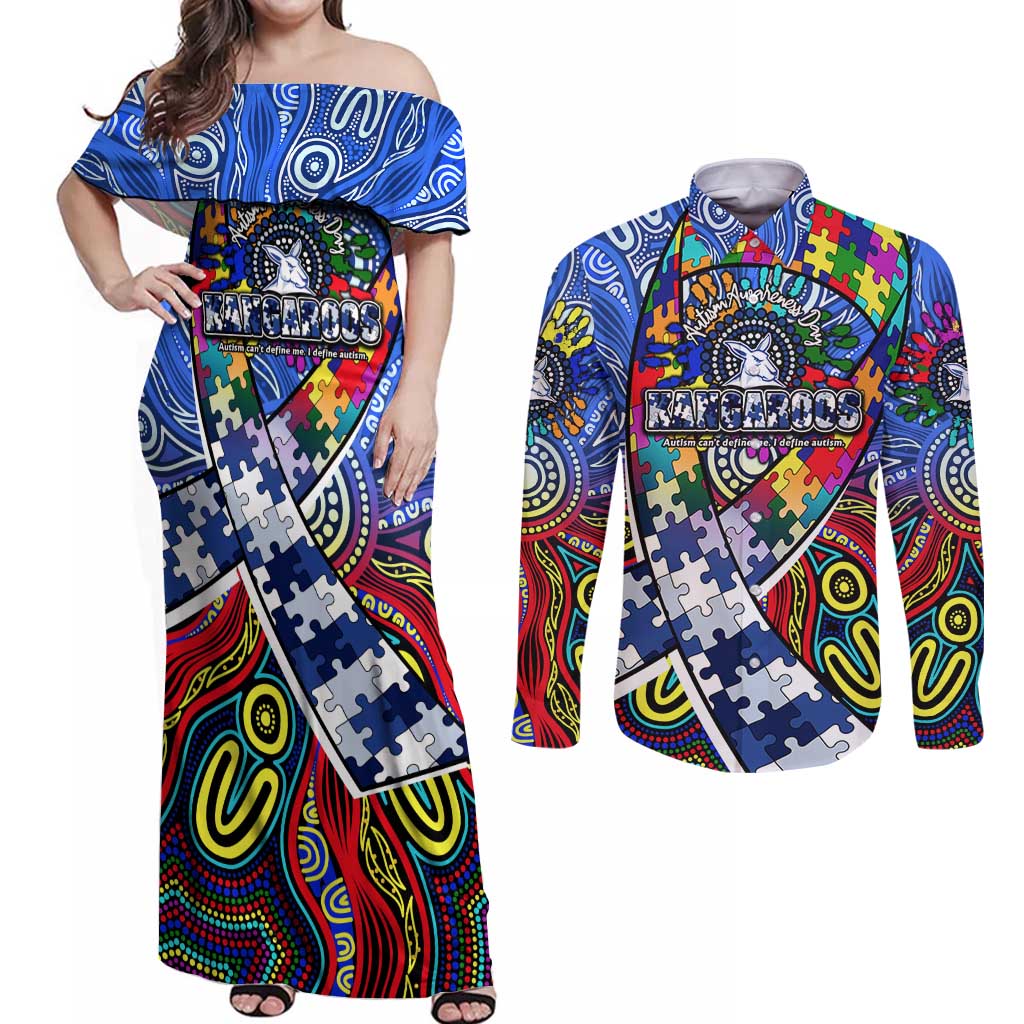 Autism Awareness Australia North Melbourne Kangaroos Couples Matching Off Shoulder Maxi Dress and Long Sleeve Button Shirt Aboriginal Indigenous Art