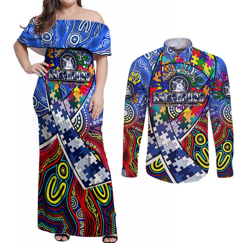 Autism Awareness Australia North Melbourne Kangaroos Couples Matching Off Shoulder Maxi Dress and Long Sleeve Button Shirt Aboriginal Indigenous Art