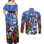 Autism Awareness Australia North Melbourne Kangaroos Couples Matching Off Shoulder Maxi Dress and Long Sleeve Button Shirt Aboriginal Indigenous Art