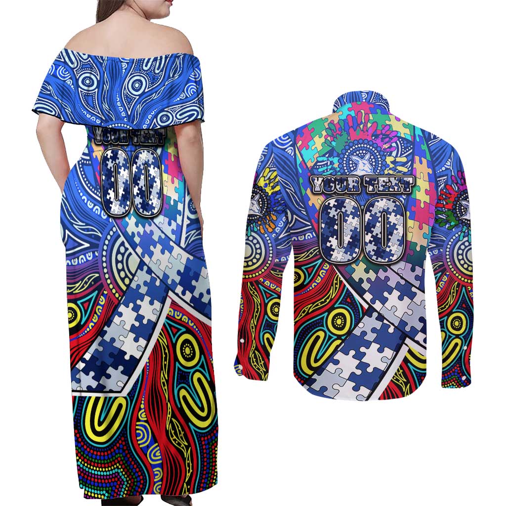 Autism Awareness Australia North Melbourne Kangaroos Couples Matching Off Shoulder Maxi Dress and Long Sleeve Button Shirt Aboriginal Indigenous Art