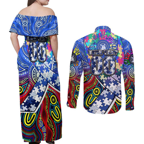 Autism Awareness Australia North Melbourne Kangaroos Couples Matching Off Shoulder Maxi Dress and Long Sleeve Button Shirt Aboriginal Indigenous Art