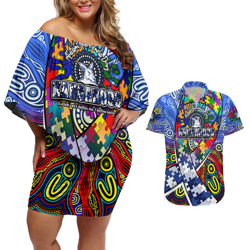 Autism Awareness Australia North Melbourne Kangaroos Couples Matching Off Shoulder Short Dress and Hawaiian Shirt Aboriginal Indigenous Art
