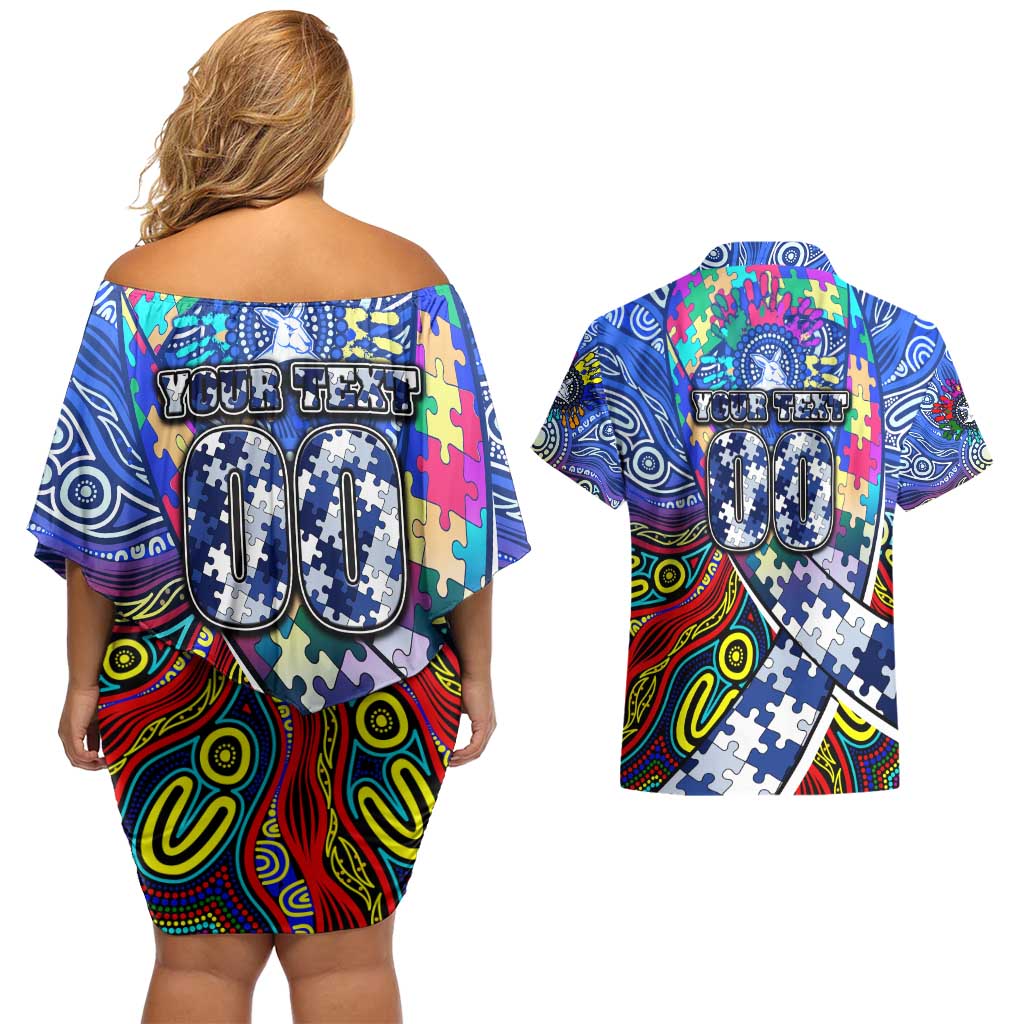 Autism Awareness Australia North Melbourne Kangaroos Couples Matching Off Shoulder Short Dress and Hawaiian Shirt Aboriginal Indigenous Art