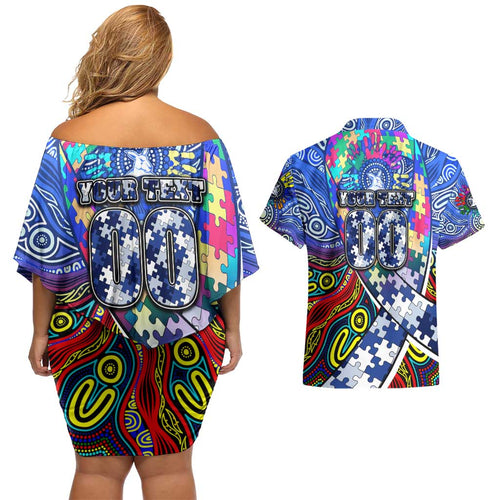 Autism Awareness Australia North Melbourne Kangaroos Couples Matching Off Shoulder Short Dress and Hawaiian Shirt Aboriginal Indigenous Art