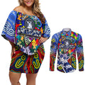 Autism Awareness Australia North Melbourne Kangaroos Couples Matching Off Shoulder Short Dress and Long Sleeve Button Shirt Aboriginal Indigenous Art