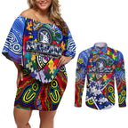 Autism Awareness Australia North Melbourne Kangaroos Couples Matching Off Shoulder Short Dress and Long Sleeve Button Shirt Aboriginal Indigenous Art