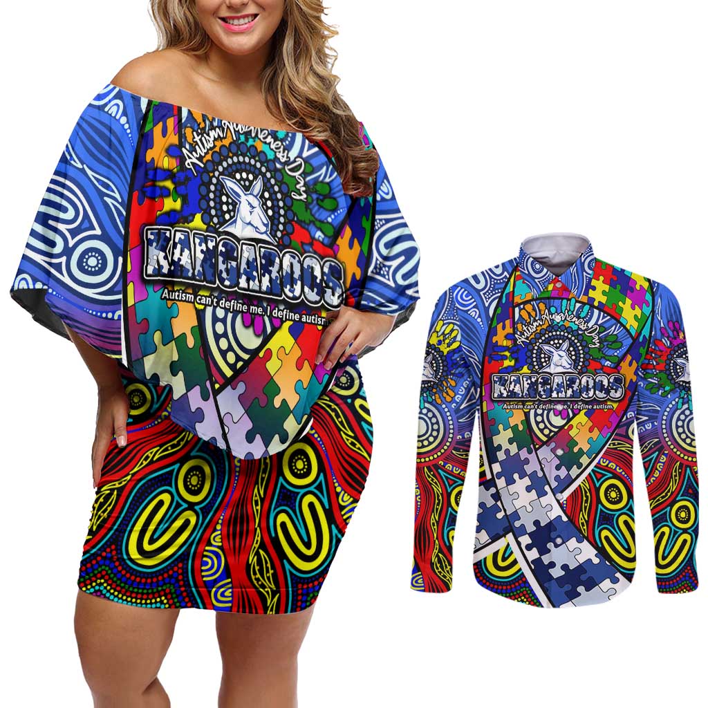 Autism Awareness Australia North Melbourne Kangaroos Couples Matching Off Shoulder Short Dress and Long Sleeve Button Shirt Aboriginal Indigenous Art
