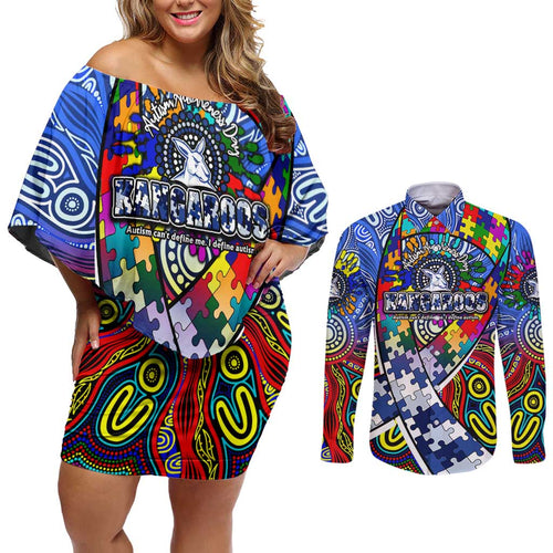 Autism Awareness Australia North Melbourne Kangaroos Couples Matching Off Shoulder Short Dress and Long Sleeve Button Shirt Aboriginal Indigenous Art