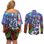 Autism Awareness Australia North Melbourne Kangaroos Couples Matching Off Shoulder Short Dress and Long Sleeve Button Shirt Aboriginal Indigenous Art