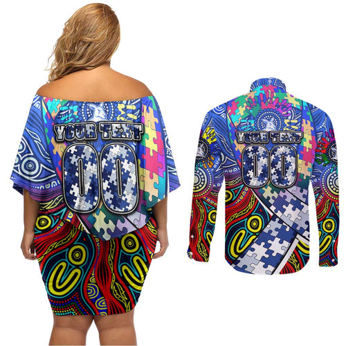 Autism Awareness Australia North Melbourne Kangaroos Couples Matching Off Shoulder Short Dress and Long Sleeve Button Shirt Aboriginal Indigenous Art