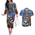 Autism Awareness Australia North Melbourne Kangaroos Couples Matching Off The Shoulder Long Sleeve Dress and Hawaiian Shirt Aboriginal Indigenous Art