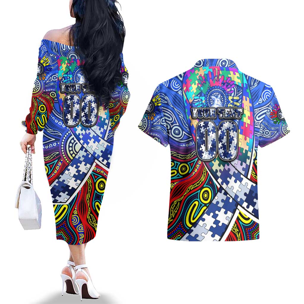 Autism Awareness Australia North Melbourne Kangaroos Couples Matching Off The Shoulder Long Sleeve Dress and Hawaiian Shirt Aboriginal Indigenous Art