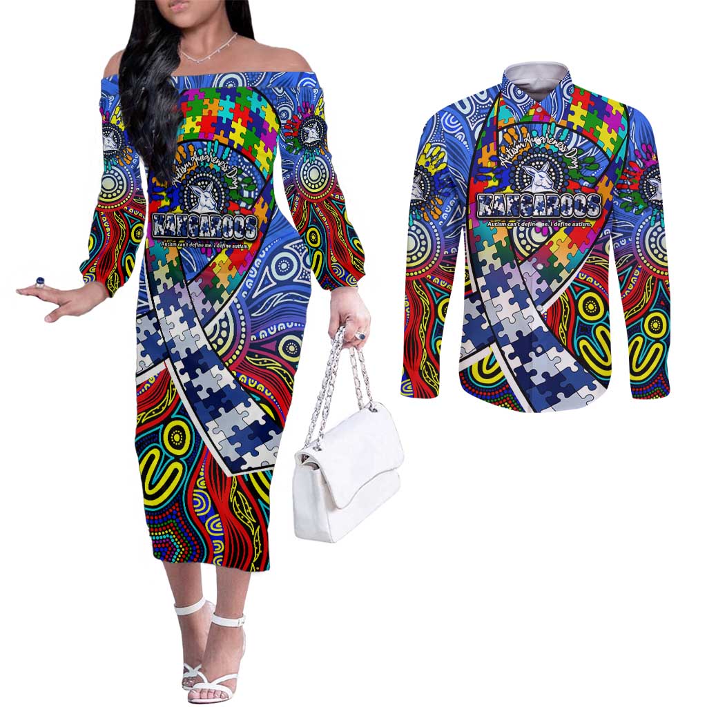 Autism Awareness Australia North Melbourne Kangaroos Couples Matching Off The Shoulder Long Sleeve Dress and Long Sleeve Button Shirt Aboriginal Indigenous Art