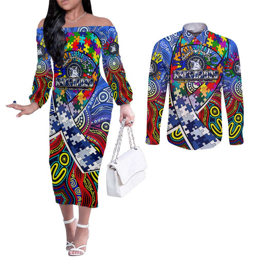 Autism Awareness Australia North Melbourne Kangaroos Couples Matching Off The Shoulder Long Sleeve Dress and Long Sleeve Button Shirt Aboriginal Indigenous Art