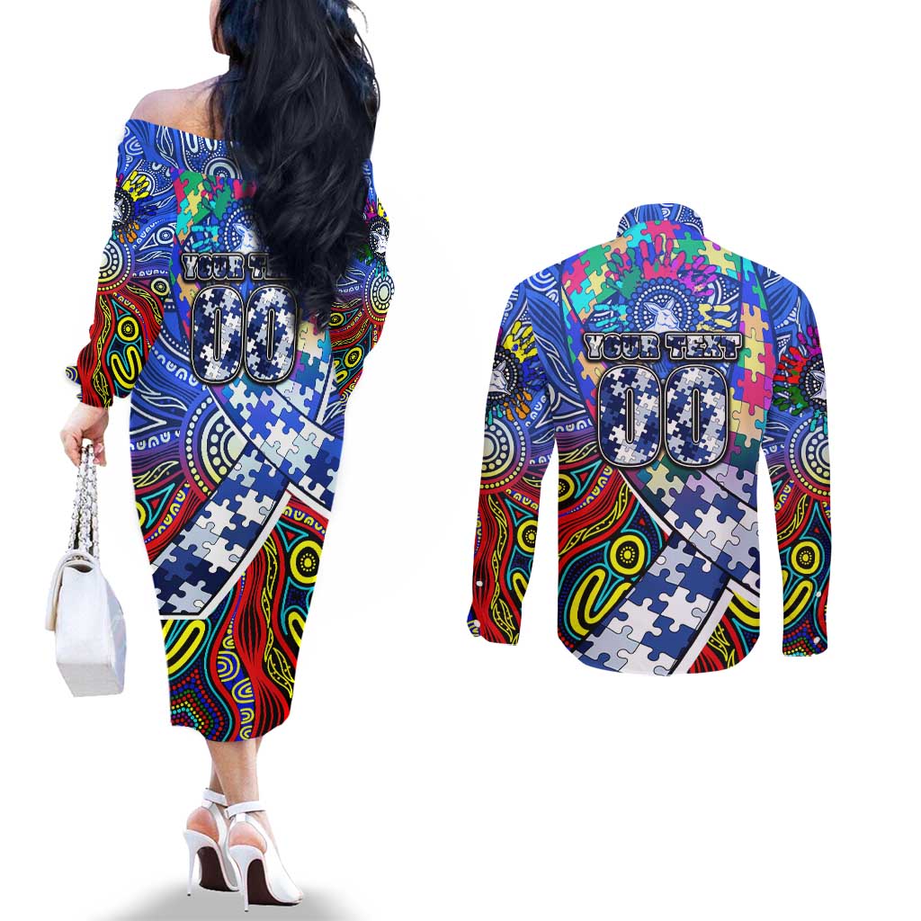 Autism Awareness Australia North Melbourne Kangaroos Couples Matching Off The Shoulder Long Sleeve Dress and Long Sleeve Button Shirt Aboriginal Indigenous Art