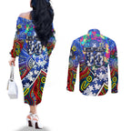 Autism Awareness Australia North Melbourne Kangaroos Couples Matching Off The Shoulder Long Sleeve Dress and Long Sleeve Button Shirt Aboriginal Indigenous Art