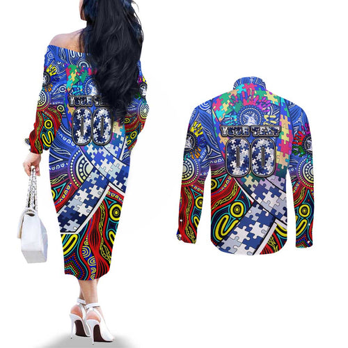 Autism Awareness Australia North Melbourne Kangaroos Couples Matching Off The Shoulder Long Sleeve Dress and Long Sleeve Button Shirt Aboriginal Indigenous Art