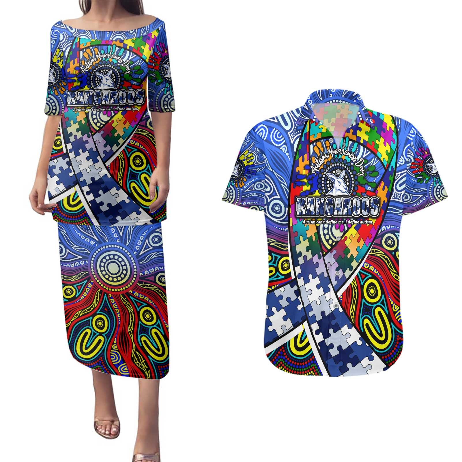 Autism Awareness Australia North Melbourne Kangaroos Couples Matching Puletasi and Hawaiian Shirt Aboriginal Indigenous Art