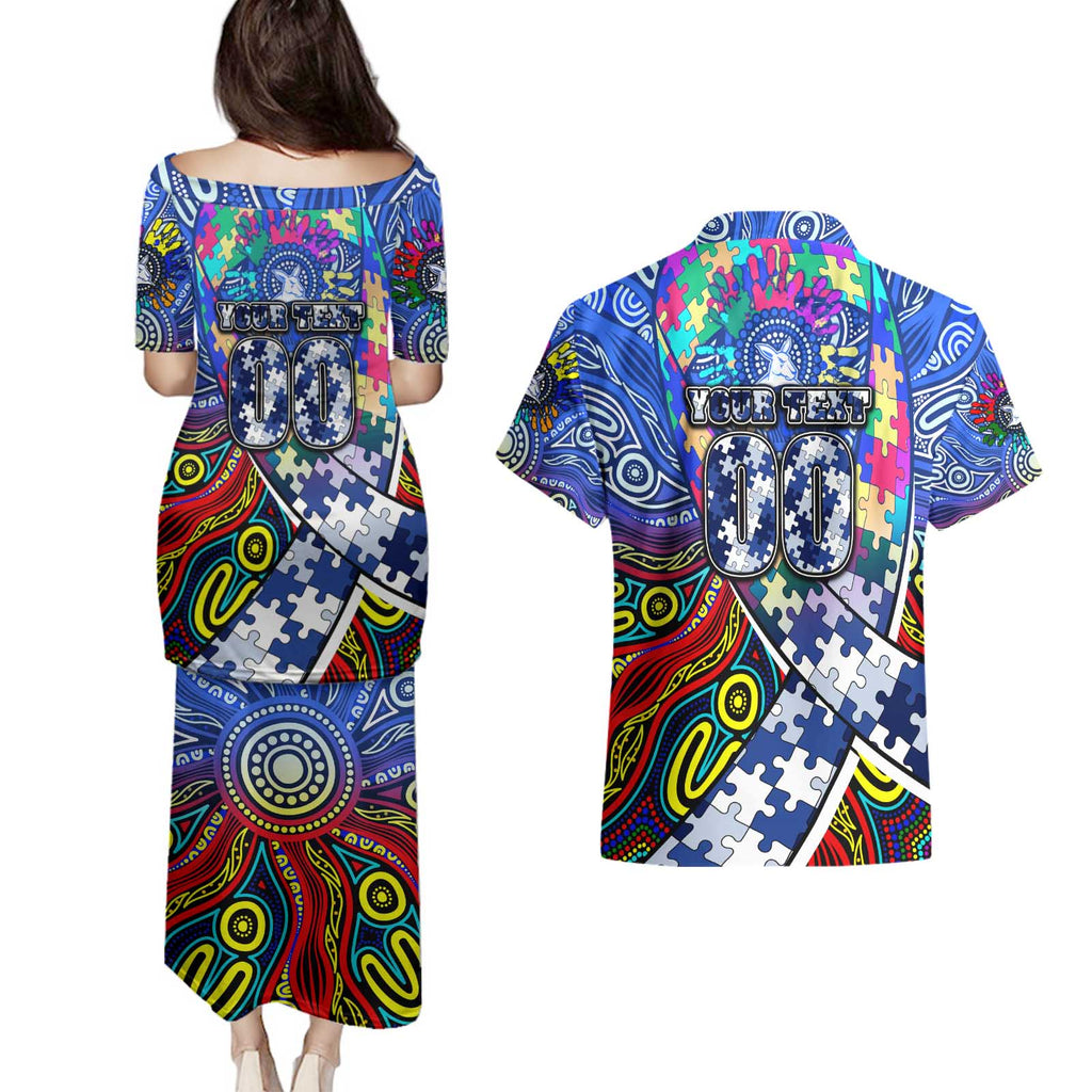 Autism Awareness Australia North Melbourne Kangaroos Couples Matching Puletasi and Hawaiian Shirt Aboriginal Indigenous Art
