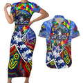 Autism Awareness Australia North Melbourne Kangaroos Couples Matching Short Sleeve Bodycon Dress and Hawaiian Shirt Aboriginal Indigenous Art