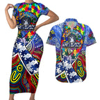 Autism Awareness Australia North Melbourne Kangaroos Couples Matching Short Sleeve Bodycon Dress and Hawaiian Shirt Aboriginal Indigenous Art