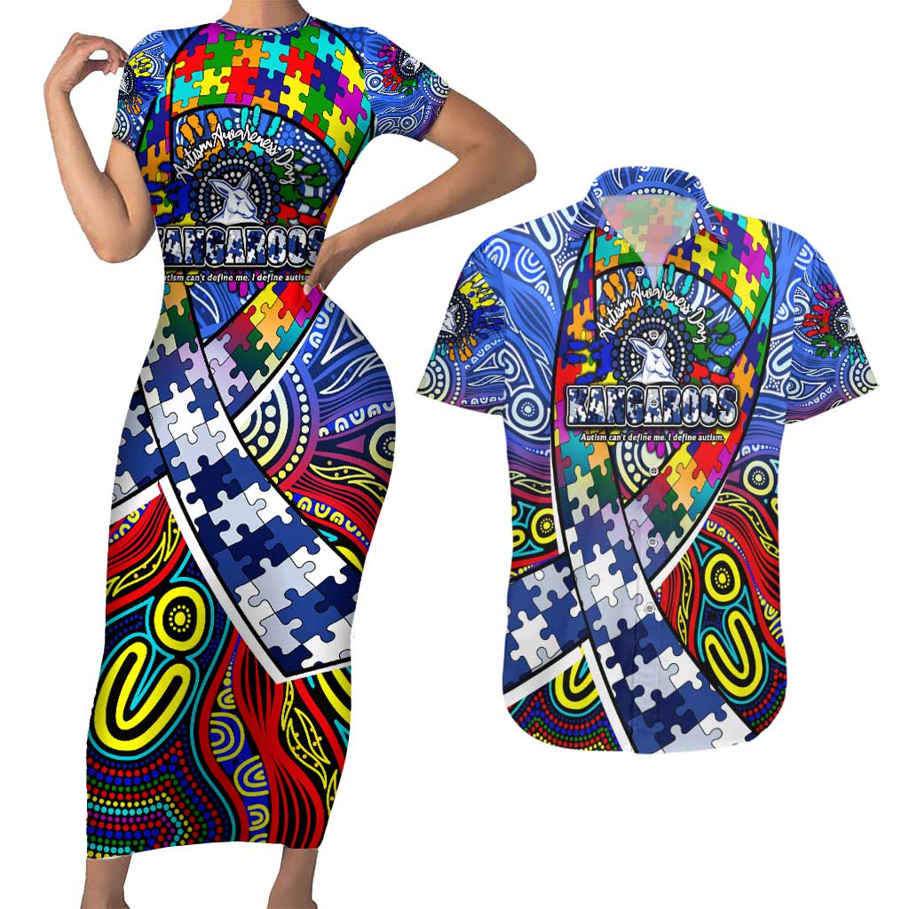 Autism Awareness Australia North Melbourne Kangaroos Couples Matching Short Sleeve Bodycon Dress and Hawaiian Shirt Aboriginal Indigenous Art