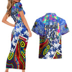 Autism Awareness Australia North Melbourne Kangaroos Couples Matching Short Sleeve Bodycon Dress and Hawaiian Shirt Aboriginal Indigenous Art