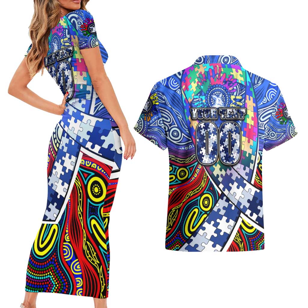 Autism Awareness Australia North Melbourne Kangaroos Couples Matching Short Sleeve Bodycon Dress and Hawaiian Shirt Aboriginal Indigenous Art