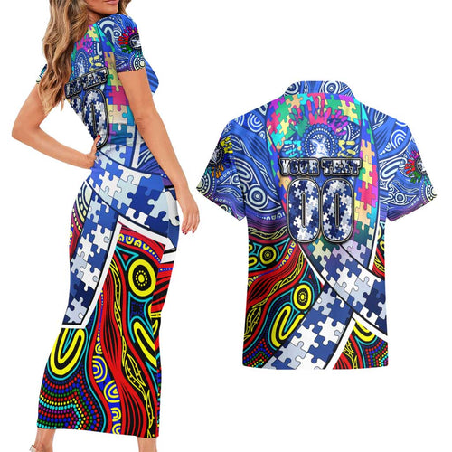 Autism Awareness Australia North Melbourne Kangaroos Couples Matching Short Sleeve Bodycon Dress and Hawaiian Shirt Aboriginal Indigenous Art