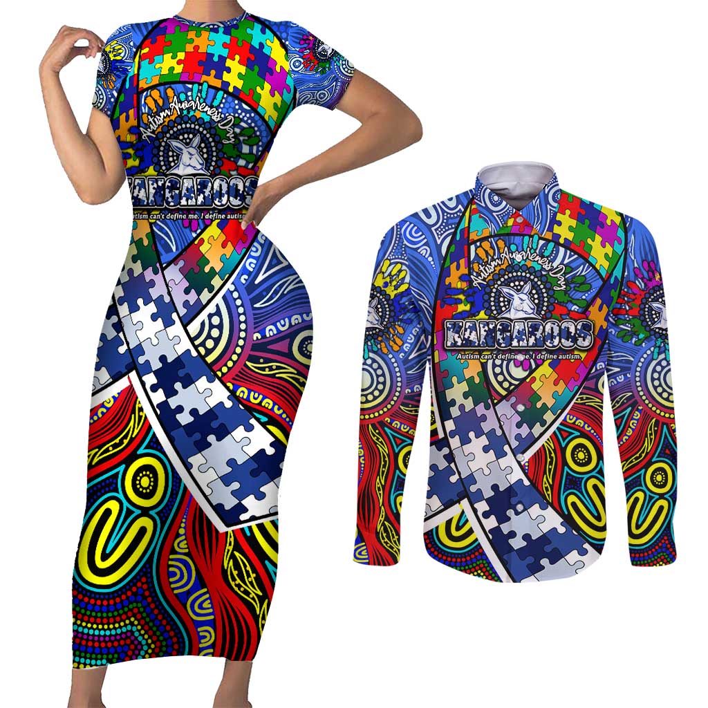 Autism Awareness Australia North Melbourne Kangaroos Couples Matching Short Sleeve Bodycon Dress and Long Sleeve Button Shirt Aboriginal Indigenous Art