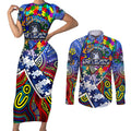 Autism Awareness Australia North Melbourne Kangaroos Couples Matching Short Sleeve Bodycon Dress and Long Sleeve Button Shirt Aboriginal Indigenous Art