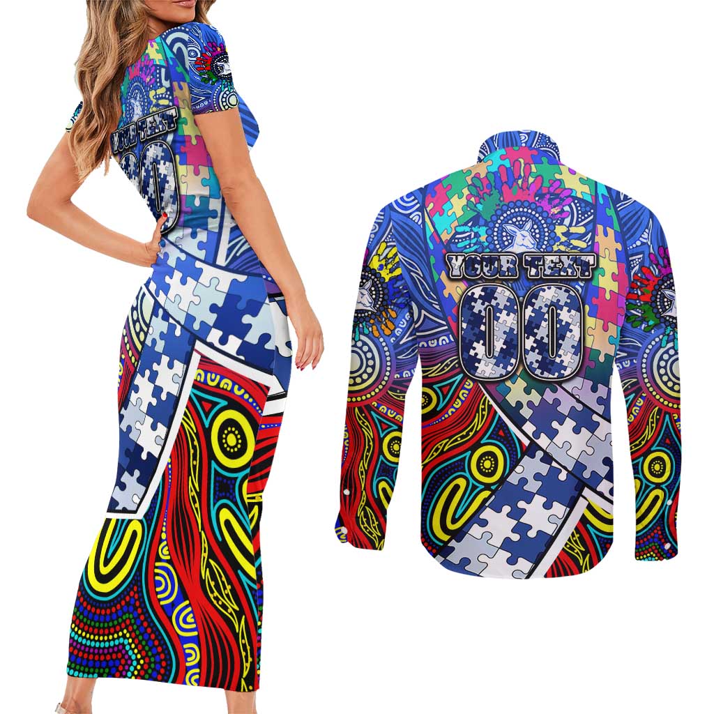 Autism Awareness Australia North Melbourne Kangaroos Couples Matching Short Sleeve Bodycon Dress and Long Sleeve Button Shirt Aboriginal Indigenous Art