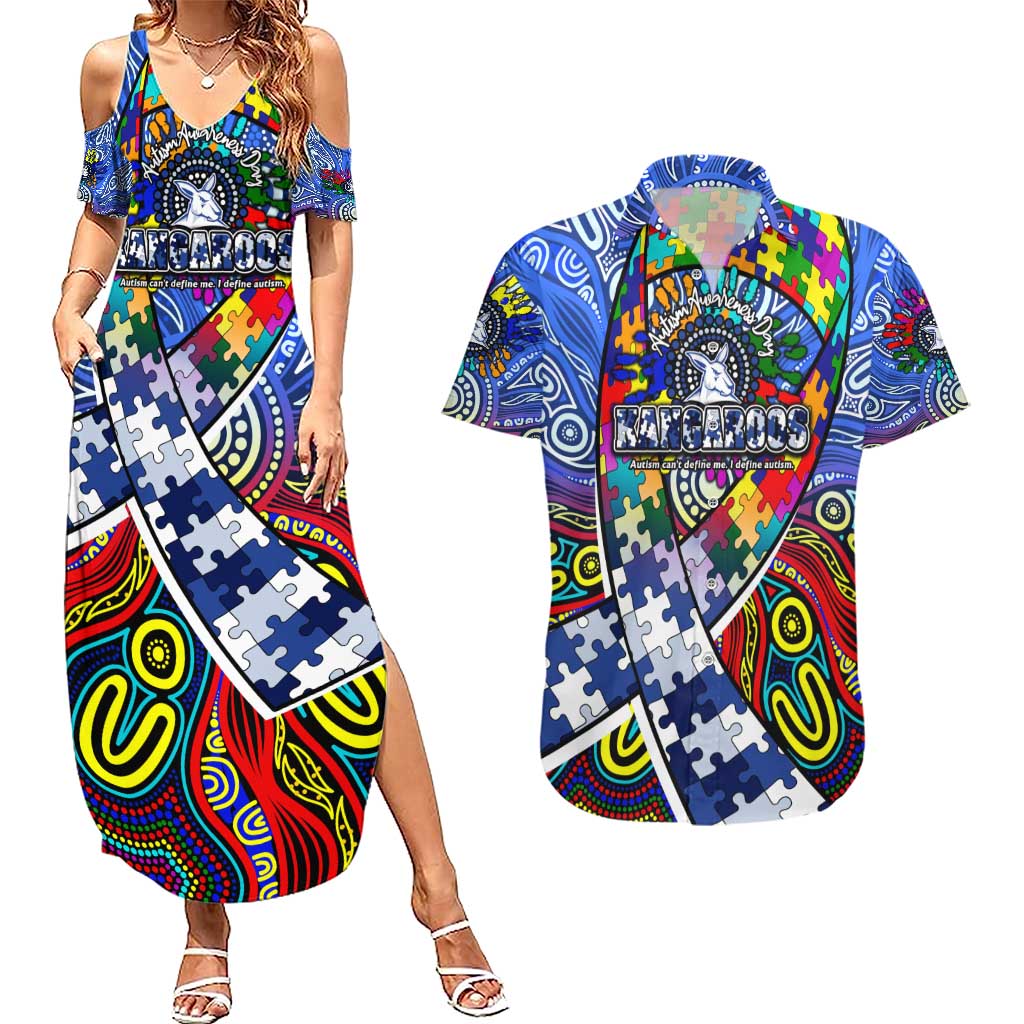 Autism Awareness Australia North Melbourne Kangaroos Couples Matching Summer Maxi Dress and Hawaiian Shirt Aboriginal Indigenous Art