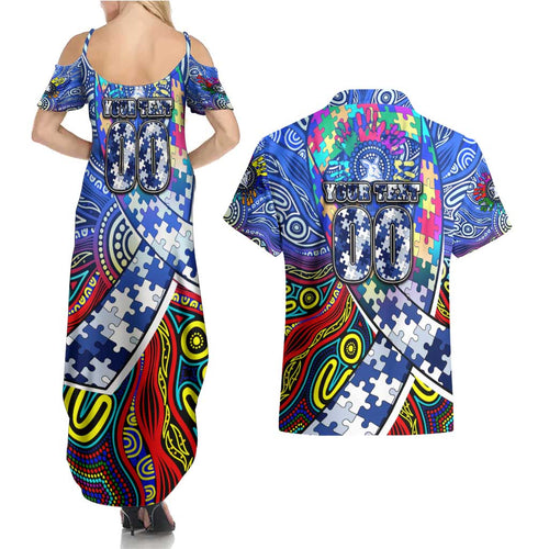 Autism Awareness Australia North Melbourne Kangaroos Couples Matching Summer Maxi Dress and Hawaiian Shirt Aboriginal Indigenous Art