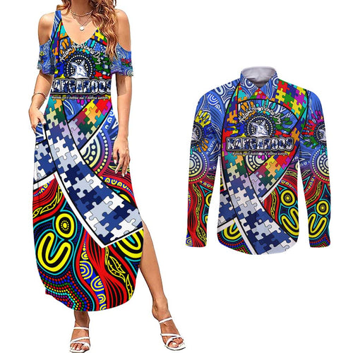 Autism Awareness Australia North Melbourne Kangaroos Couples Matching Summer Maxi Dress and Long Sleeve Button Shirt Aboriginal Indigenous Art
