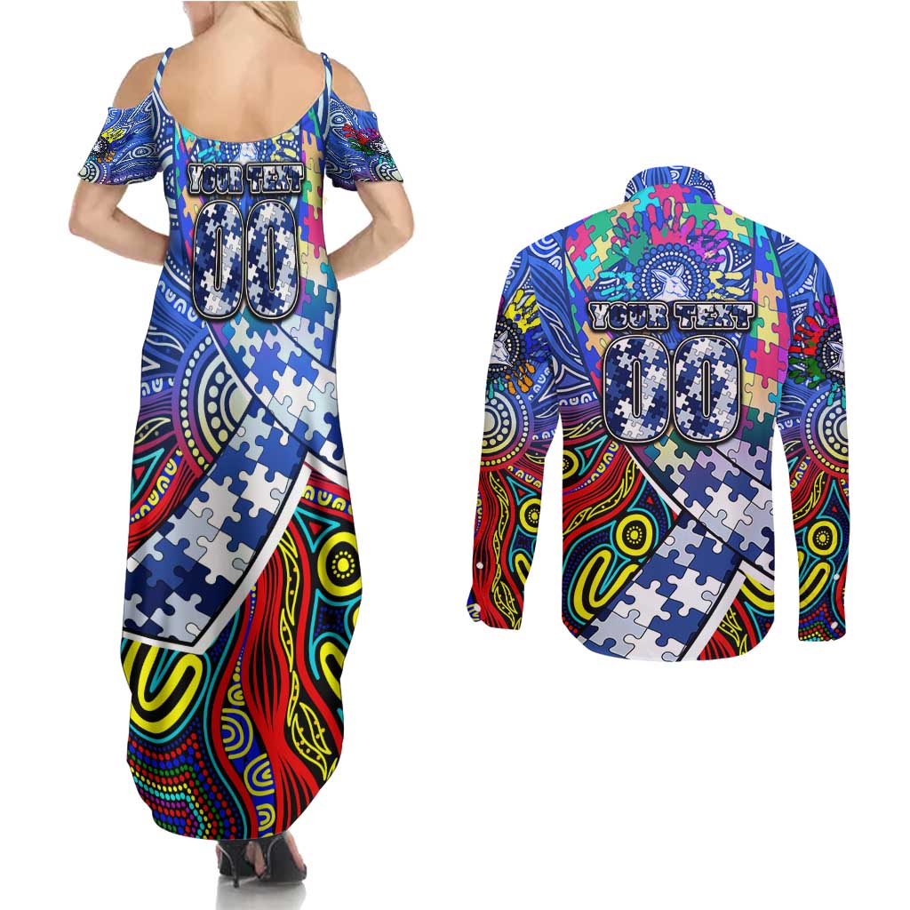 Autism Awareness Australia North Melbourne Kangaroos Couples Matching Summer Maxi Dress and Long Sleeve Button Shirt Aboriginal Indigenous Art