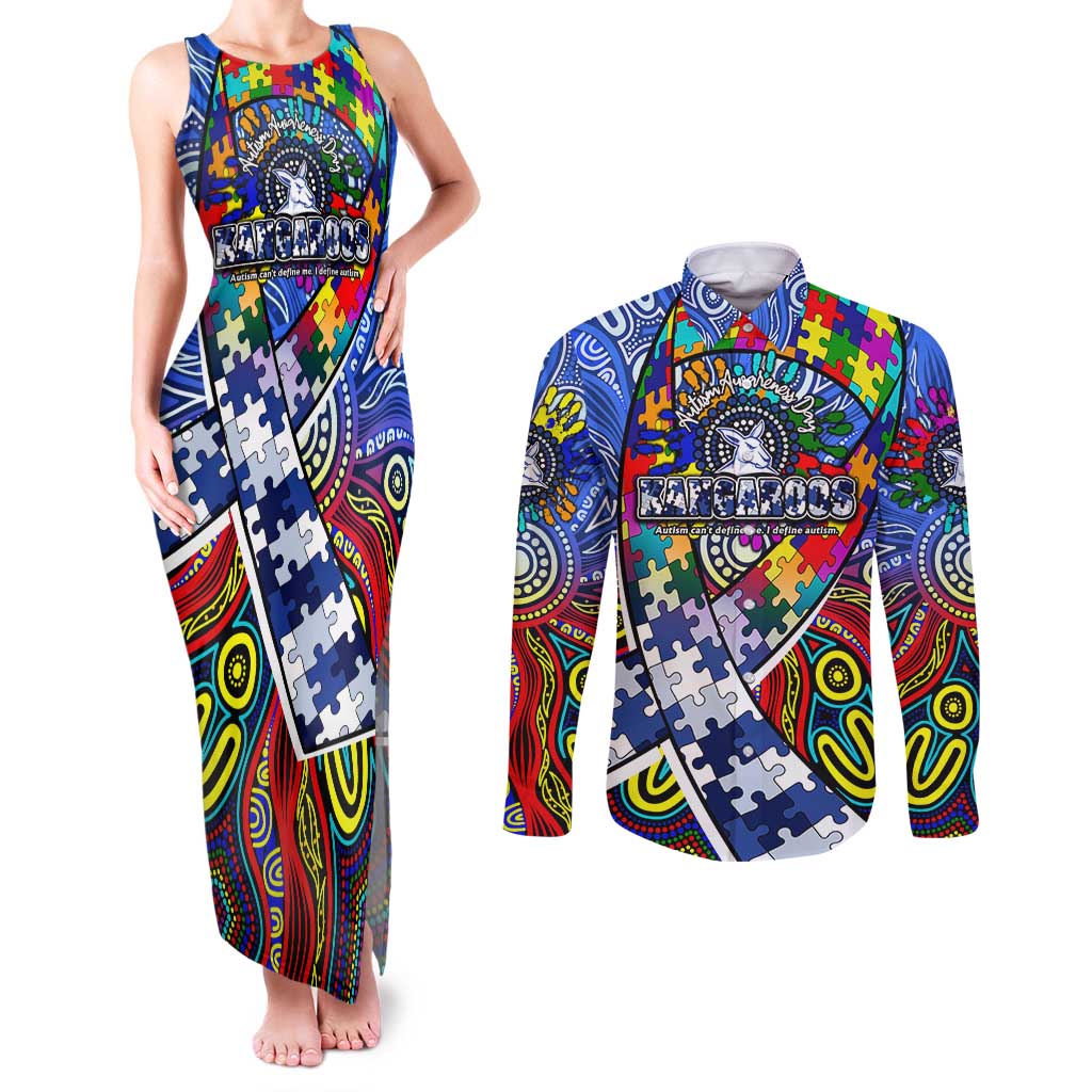 Autism Awareness Australia North Melbourne Kangaroos Couples Matching Tank Maxi Dress and Long Sleeve Button Shirt Aboriginal Indigenous Art
