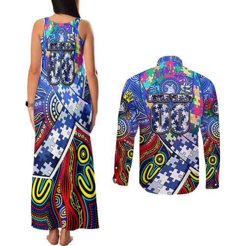 Autism Awareness Australia North Melbourne Kangaroos Couples Matching Tank Maxi Dress and Long Sleeve Button Shirt Aboriginal Indigenous Art
