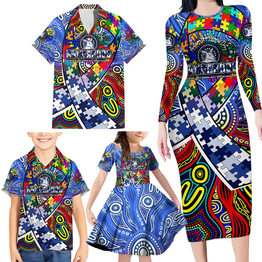 Autism Awareness Australia North Melbourne Kangaroos Family Matching Long Sleeve Bodycon Dress and Hawaiian Shirt Aboriginal Indigenous Art