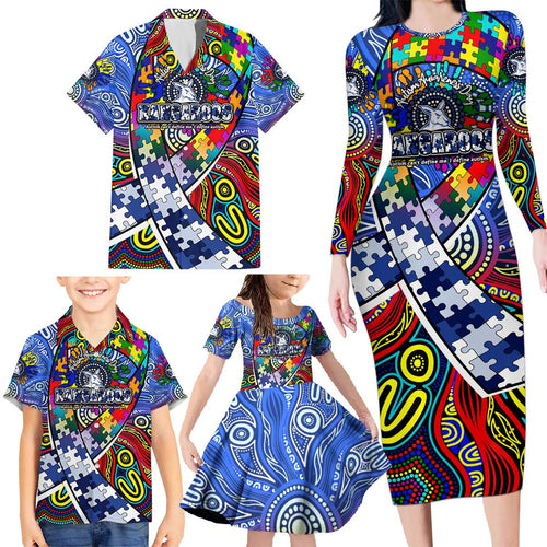 Autism Awareness Australia North Melbourne Kangaroos Family Matching Long Sleeve Bodycon Dress and Hawaiian Shirt Aboriginal Indigenous Art