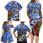 Autism Awareness Australia North Melbourne Kangaroos Family Matching Long Sleeve Bodycon Dress and Hawaiian Shirt Aboriginal Indigenous Art