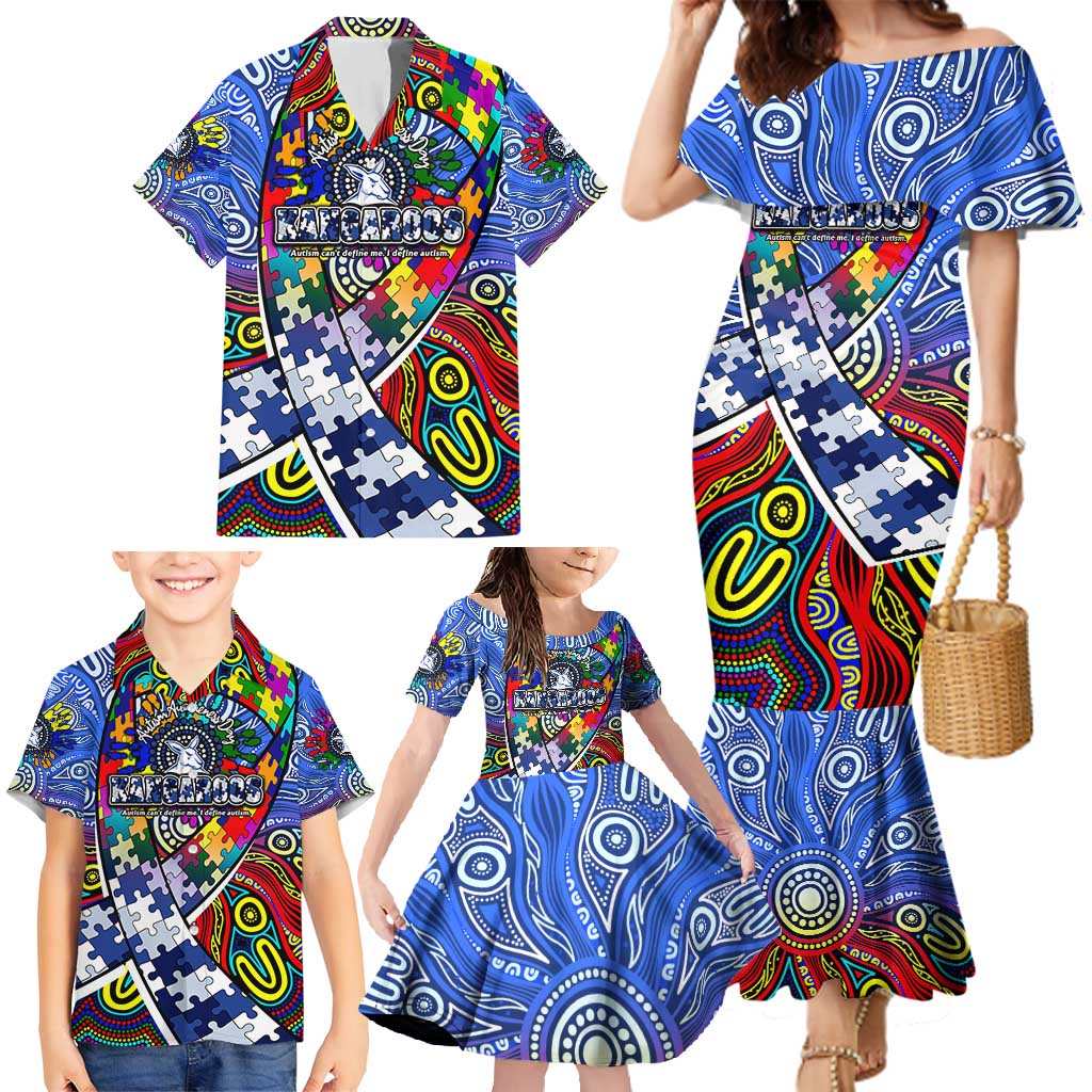 Autism Awareness Australia North Melbourne Kangaroos Family Matching Mermaid Dress and Hawaiian Shirt Aboriginal Indigenous Art
