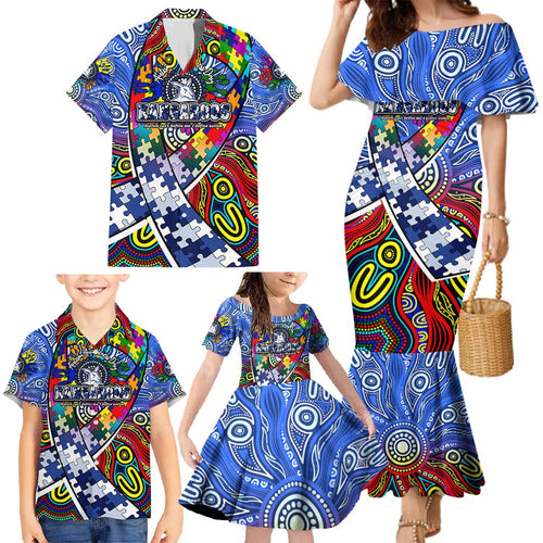 Autism Awareness Australia North Melbourne Kangaroos Family Matching Mermaid Dress and Hawaiian Shirt Aboriginal Indigenous Art